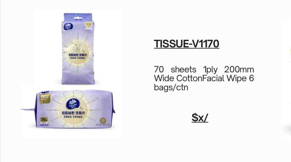 Tissue-V1170 Vinda 70 sheets 1ply 200mm Wide CottonFacial Wipe 6 bags/ctn