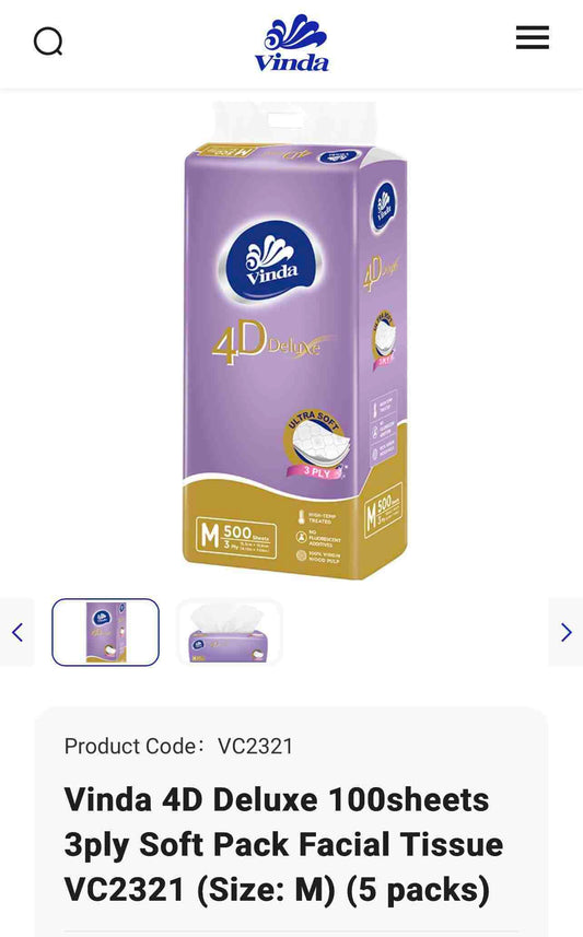 Tissue-VC 2321 Vinda 100 sheets3ply wide 155mm export 4D embossment soft pack facial tissue 5pack/bundel 10bundels/cartoon