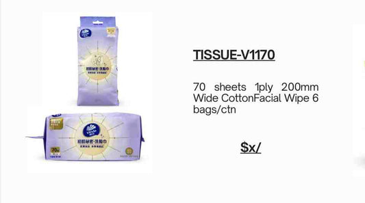 Tissue-V1170 Vinda 70 sheets 1ply 200mm Wide CottonFacial Wipe 6 bags/ctn